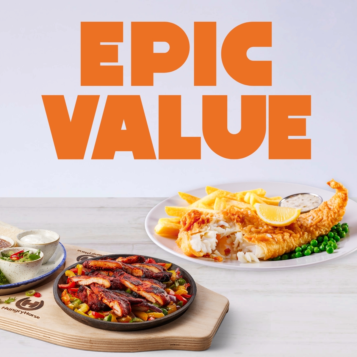 Tandoori Sizzler and Fish and Chips on a plate. Text on image reads: EPIC VALUE