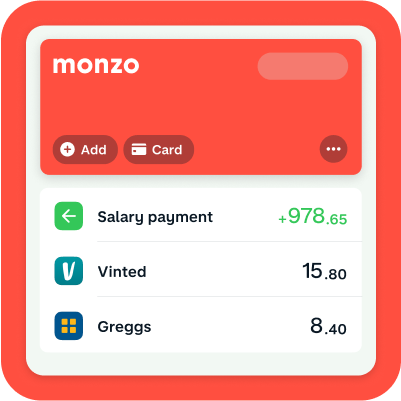 Monzo in-app screen displaying 2 transactions and a salary payment.