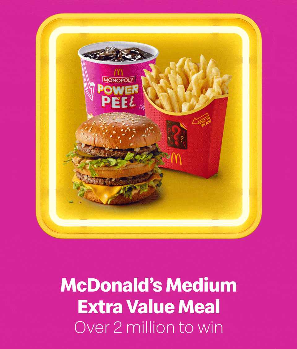 MINI Electric Car 21 to win, Hisense TV + Soundbar from Currys - 600 to win, McDonald's Medium Extra Value Meal - Over 2 million to win, £100,000 Cash - 5 to win