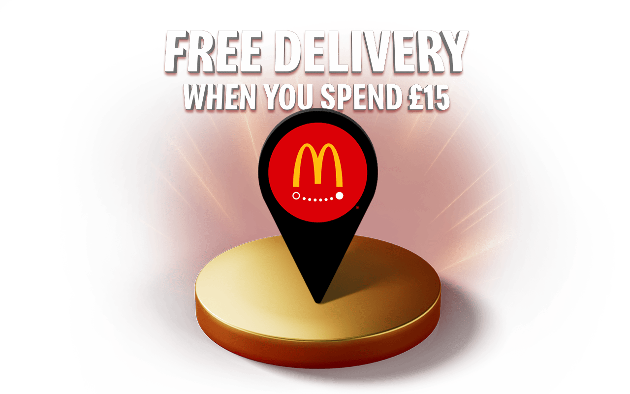 A location pin with a McDonald's logo sits on a gold plinth. Text reads FREE DELIVERY WHEN YOU SPEND £15