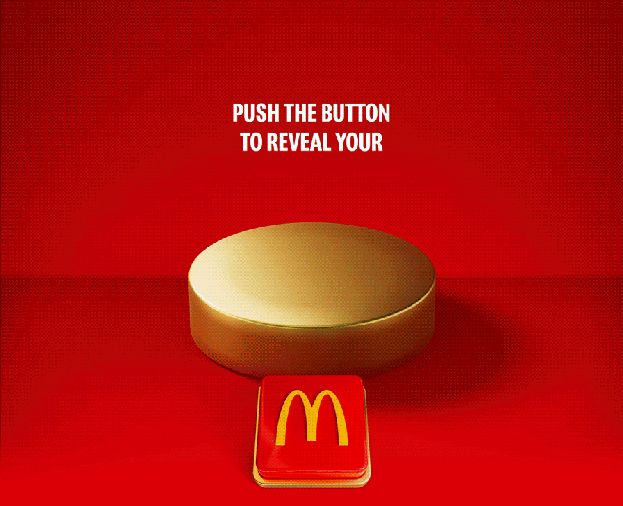 A McDonald's burger and box of fries drop onto the plinth. Text reads £1.99 SELECTED BURGER AND MEDIUM FRIES