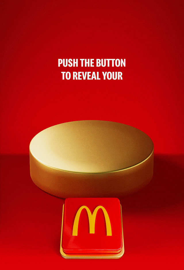 A McDonald's burger and box of fries drop onto the plinth. Text reads £1.99 SELECTED BURGER AND MEDIUM FRIES