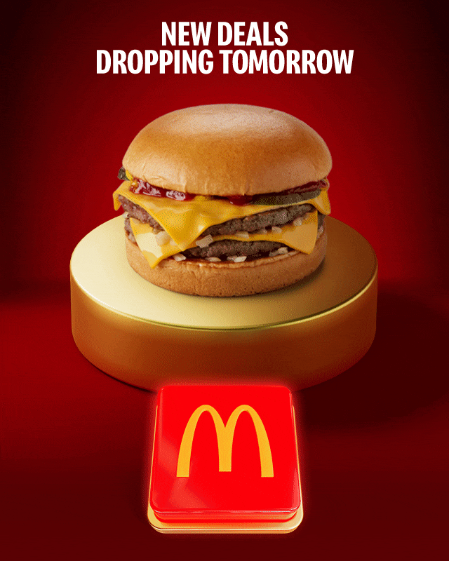 Various McDonald's favourites flash up on the gold plinth, one after the other. Text reads NEW DEALS DROPPING TOMORROW
