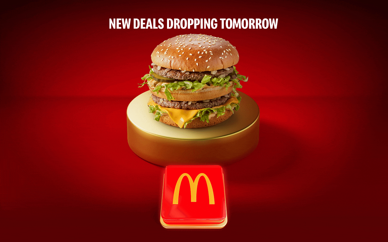 Various McDonald's favourites flash up on the gold plinth, one after the other. Text reads NEW DEALS DROPPING TOMORROW