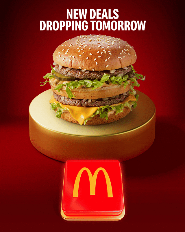 Various McDonald's favourites flash up on the gold plinth, one after the other. Text reads NEW DEALS DROPPING TOMORROW