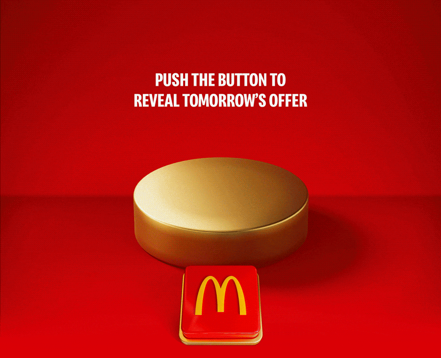 6 Chicken McNuggets® sit on a gold plinth with a red button beneath. Text reads 99p 6 PIECE CHICKEN McNUGGETS®