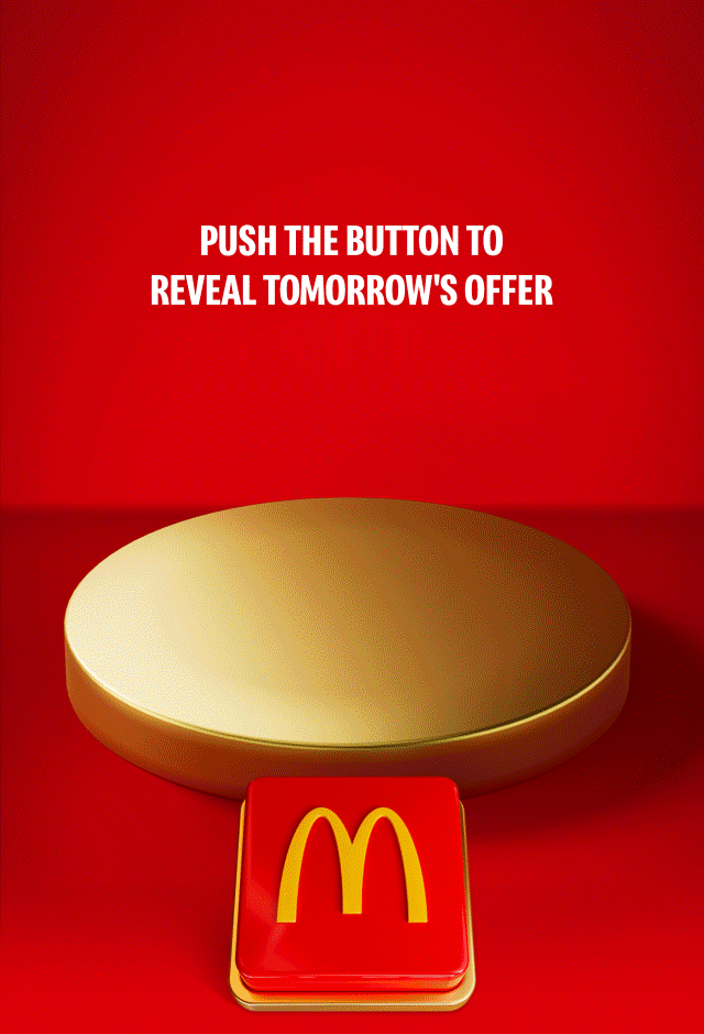An appetising McDonald's meal sits on a gold plinth. Celebratory gold icons explode out. Text reads SAVE £15% WHEN YOU SPEND £8 ON FOOD OR DRINK