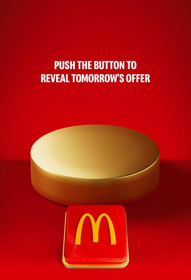 A tasty-looking Double Cheeseburger drops onto the plinth. Celebratory gold icons explode out. Big white text reads £1.29 Double Cheeseburger