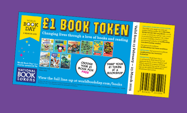 Shows a dipiction of a book voucher, on a purple background text reads £1 BOOK TOKEN