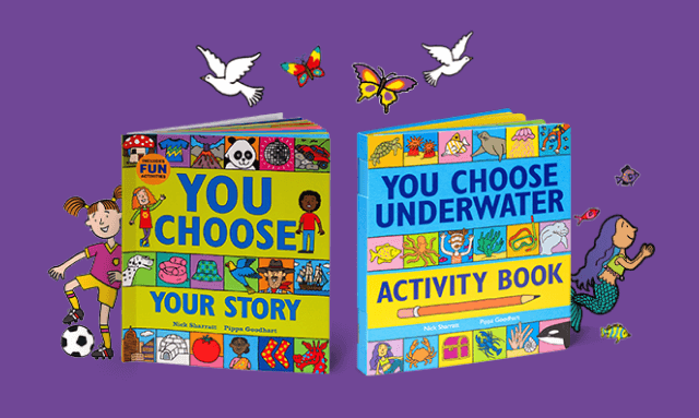 Two books sit on a purple background surrounded by illustrations. Book one: Create Stories, Text on book cover reads YOU CHOOSE YOUR STORY. Book 2: Solve fun puzzels, Text on book reads YOU CHOOSE UNDERWATER ACTIVITY BOOK.