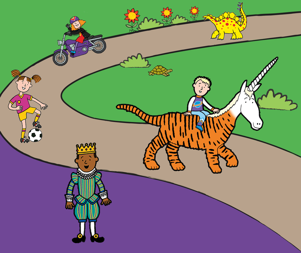 Two books sit on a purple background surrounded by illustrations. Book one: Create Stories, Text on book cover reads YOU CHOOSE YOUR STORY. Book 2: Solve fun puzzels, Text on book reads YOU CHOOSE UNDERWATER ACTIVITY BOOK.