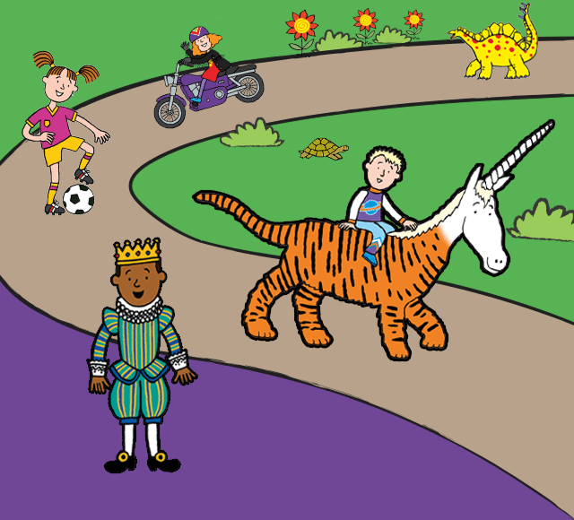 Two books sit on a purple background surrounded by illustrations. Book one: Create Stories, Text on book cover reads YOU CHOOSE YOUR STORY. Book 2: Solve fun puzzels, Text on book reads YOU CHOOSE UNDERWATER ACTIVITY BOOK.