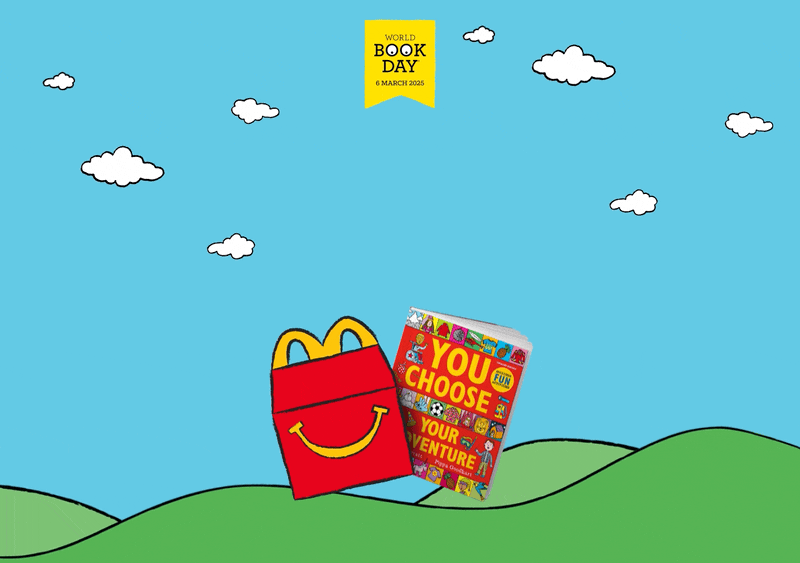 Colourful blue sky and green rolling hills in an illustrated style, with a Happ Meal Box and a Choose Your Own Adventure book on top. Text reads WORLD BOOK DAY 6 MARCH 2025, FREE BOOK THIS WORLD BOOK DAY! ONLY ON THURSDAY