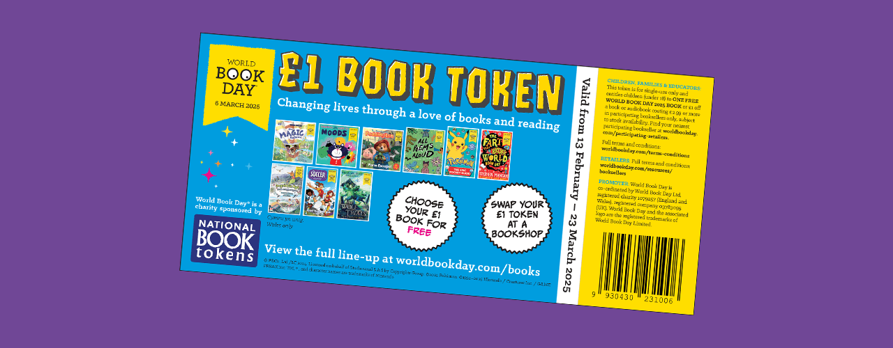 Shows a dipiction of a book voucher, on a purple background text reads £1 BOOK TOKEN