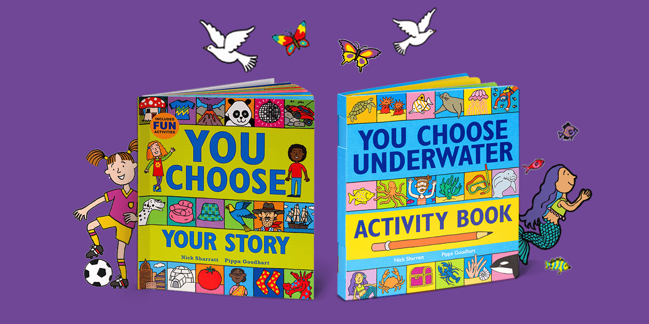 Two books sit on a purple background surrounded by illustrations. Book one: Create Stories, Text on book cover reads YOU CHOOSE YOUR STORY. Book 2: Solve fun puzzels, Text on book reads YOU CHOOSE UNDERWATER ACTIVITY BOOK.