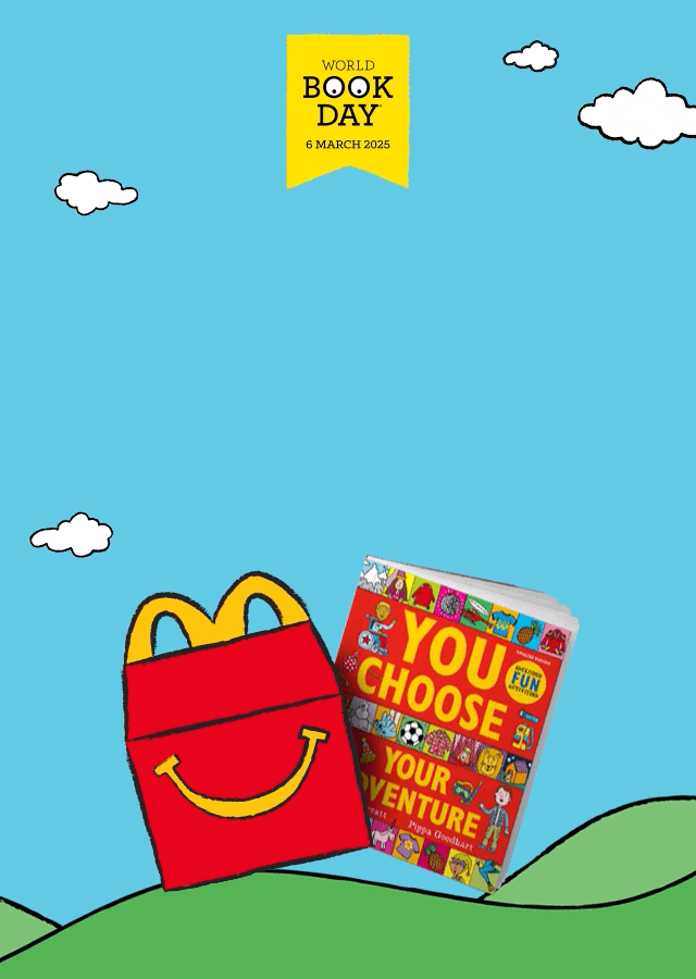 Colourful blue sky and green rolling hills in an illustrated style, with a Happ Meal Box and a Choose Your Own Adventure book on top. Text reads WORLD BOOK DAY 6 MARCH 2025, FREE BOOK THIS WORLD BOOK DAY! ONLY ON THURSDAY