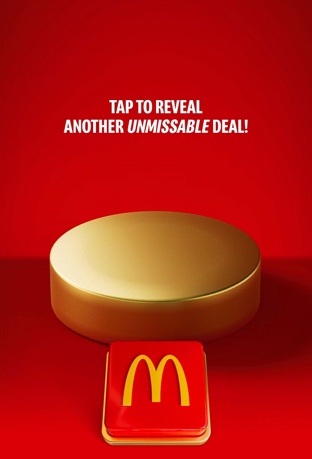 A McDonald's burger and box of fries drop onto a gold plinth on a red background. Big white text reads £2.99 CLASSIC BURGER AND MEDIUM FRIES