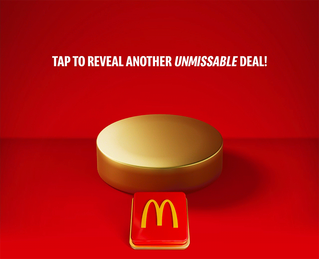 A McDonald's burger and box of fries drop onto a gold plinth on a red background. Big white text reads £2.99 CLASSIC BURGER AND MEDIUM FRIES
