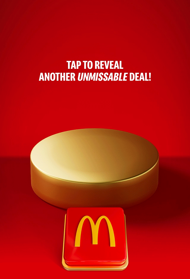 An empty gold plinth sits on a red background with a big red button beneath it. Text reads TAP TO REVEAL ANOTHER UNMISSABLE DEAL