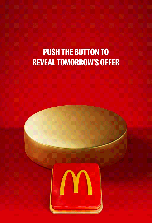 A McDonald's McCHICKEN® SANDWICH drops onto a gold plinth on a red background. Big white text reads £1.39 McCHICKEN® SANDWICH