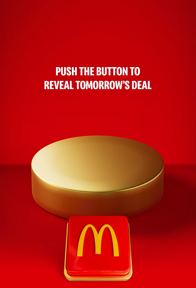 An appetising McDonald's meal sits on a gold plinth. Text reads SAVE £2 WHEN YOU SPEND £10