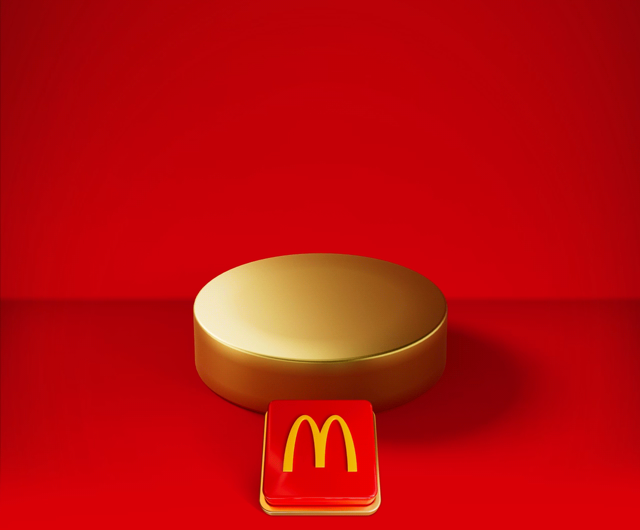 An empty gold plinth sits on a red background with a big red button beneath it. Text reads PUSH THE BUTTON TO REVEAL TOMORROW'S DEAL