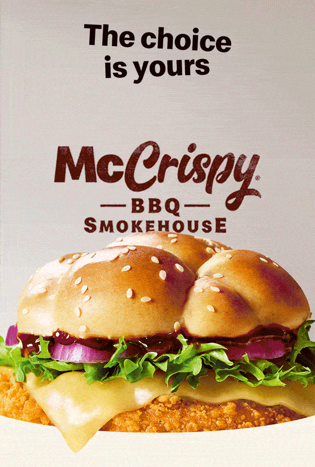 Delicious looking McCrispy BBQ Smokehouse and Philly Cheese Stack burgergers, big black text reads The choice is yours