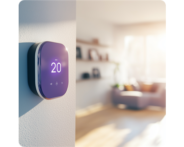 A thermostat in a sunny living room