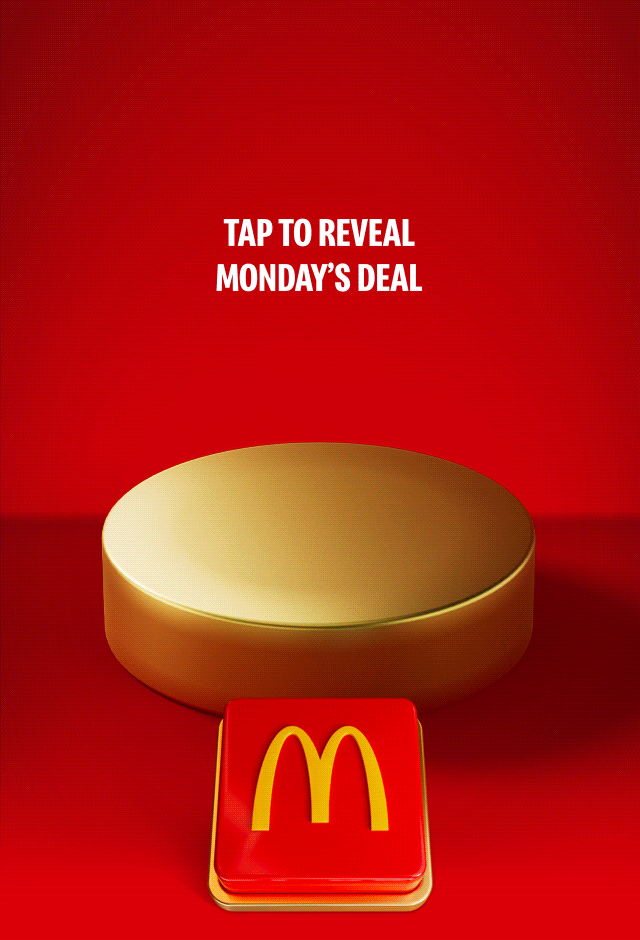 Big Mac® sits on a gold plinth on a red background. Big white text reads 50% OFF A BIG MAC®