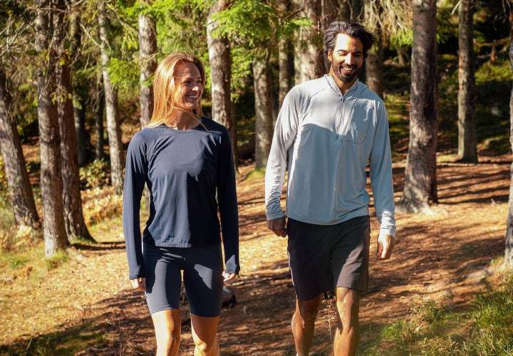 Man and woman hiking, wearing Helly Hansen UPF Protection clothing