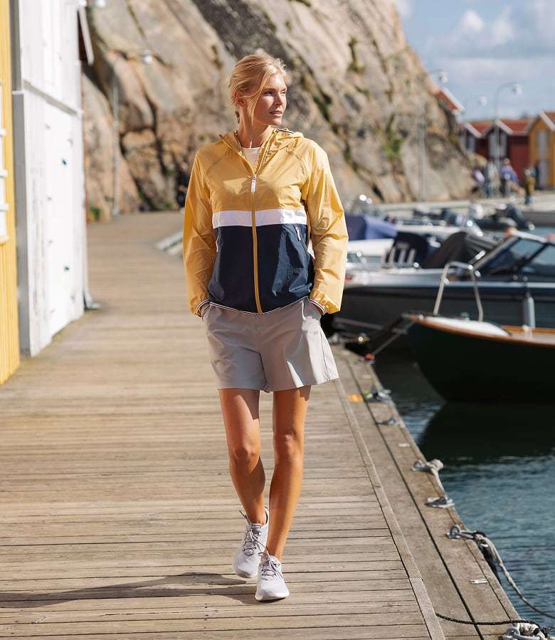 Woman wearing Helly Hansen gear on the pier