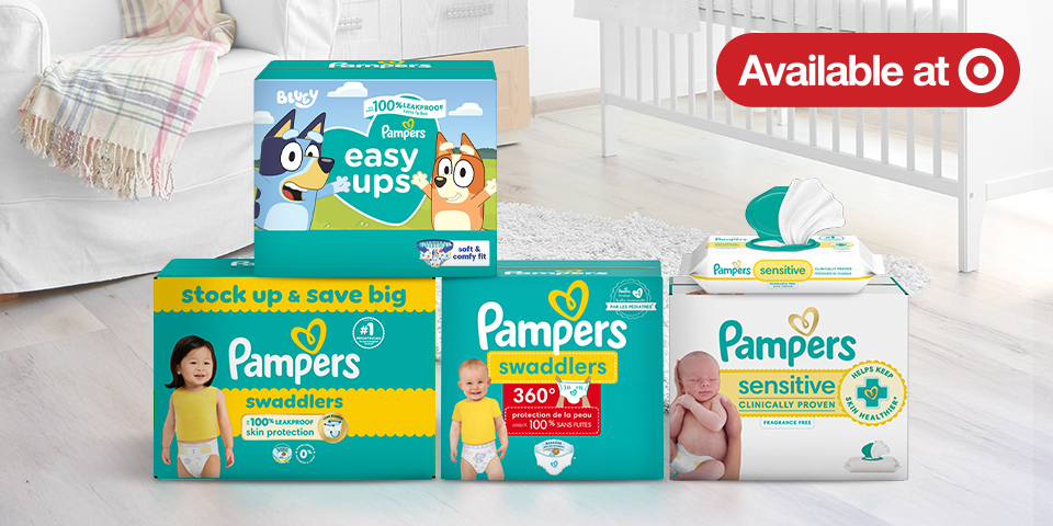 Baby room with Swaddlers diapers package, Easy Ups training pants package, Sensitive wipes box and individual package, Cruisers 360 diapers package and Available at Target logo 