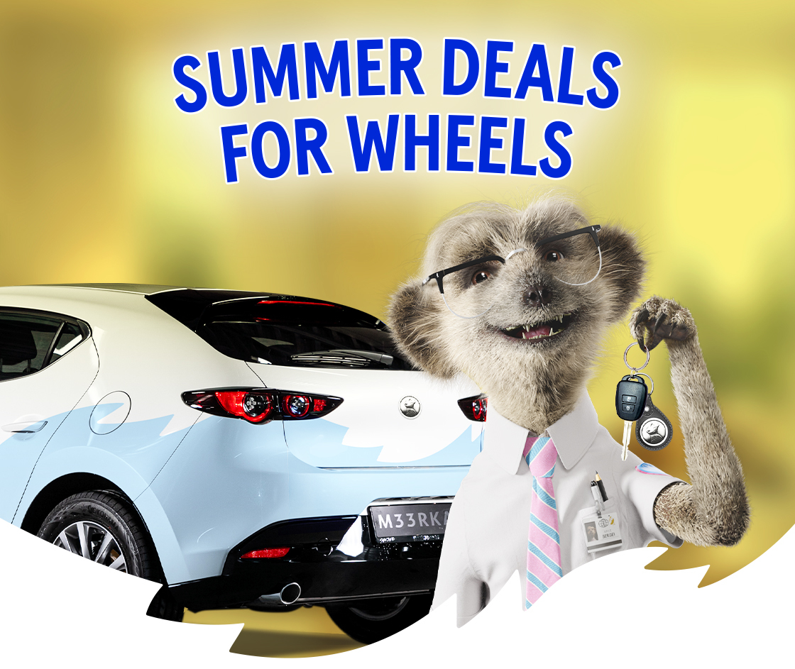 SUMMER DEALS FOR WHEELS WITH A MEERKAT STOOD NEXT TO A CAR HOLDING A SET OF KEYS
