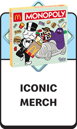 McDonald's MONOPOLY game board. Bold black text reads ICONIC MERCH