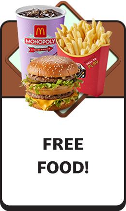 McDonald's burger, fries, and drink. Bold black text reads FREE FOOD!