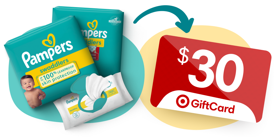 Pampers diapers and wipes packs are shown beside a red $30 Target gift card with an arrow pointing to it.