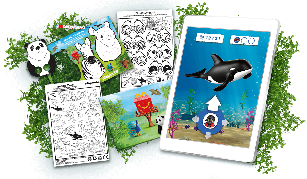 Interactive game on a tablet and playsheets in a jungle setting