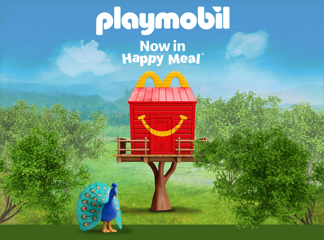 Playmobil characters and a Happy Meal box situated in a jungle setting, bold white text reads playmobil now in Happy Meal