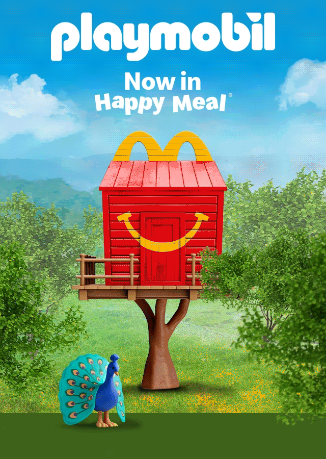 Playmobil characters and a Happy Meal box situated in a jungle setting, bold white text reads playmobil now in Happy Meal