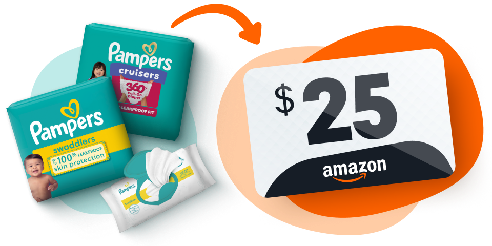 On the left side of the frame, there are packs of Pampers diaper and wipes. An orange doodle arrow points from the Pampers packs to an Amazon $25 cash card.