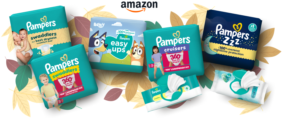 Amidst a background of illustrated Autumnal leaves, there are assorted packs of Pampers diapers & wipes.