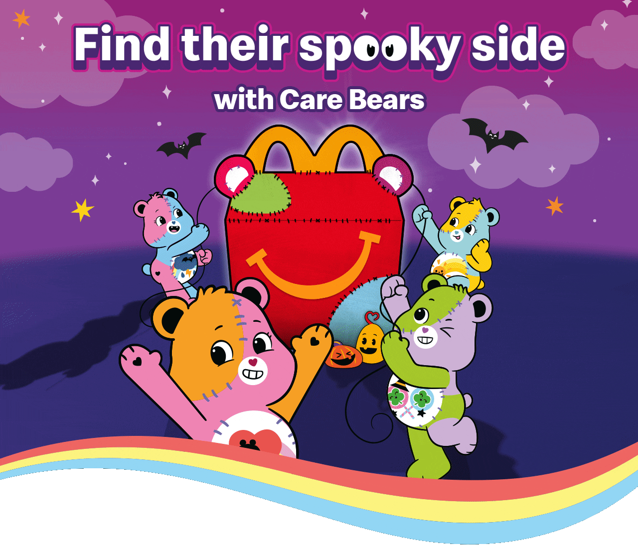 Spooky cartoon Care Bears around a Happy Meal Box, bold text reads Find their spooky side with Care Bears
