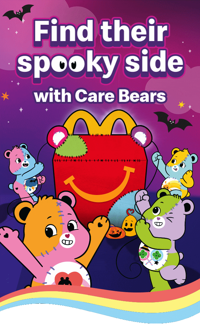 Spooky cartoon Care Bears around a Happy Meal Box, bold text reads Find their spooky side with Care Bears