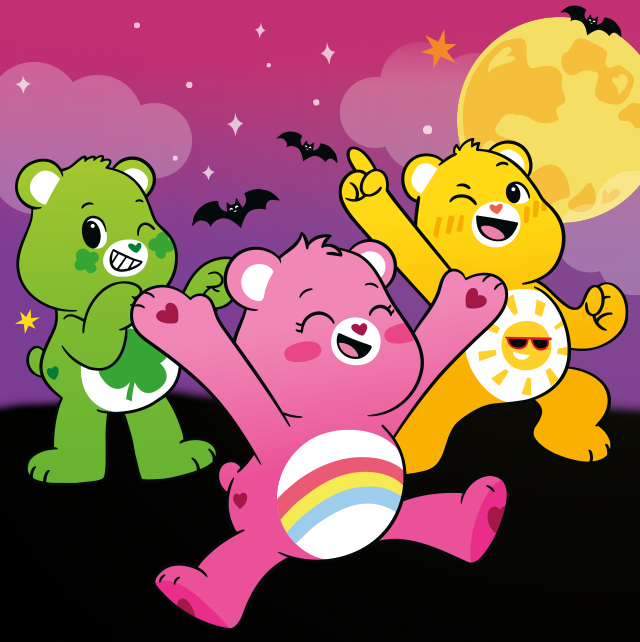 Cartoon Care Bears on a Halloween themed background