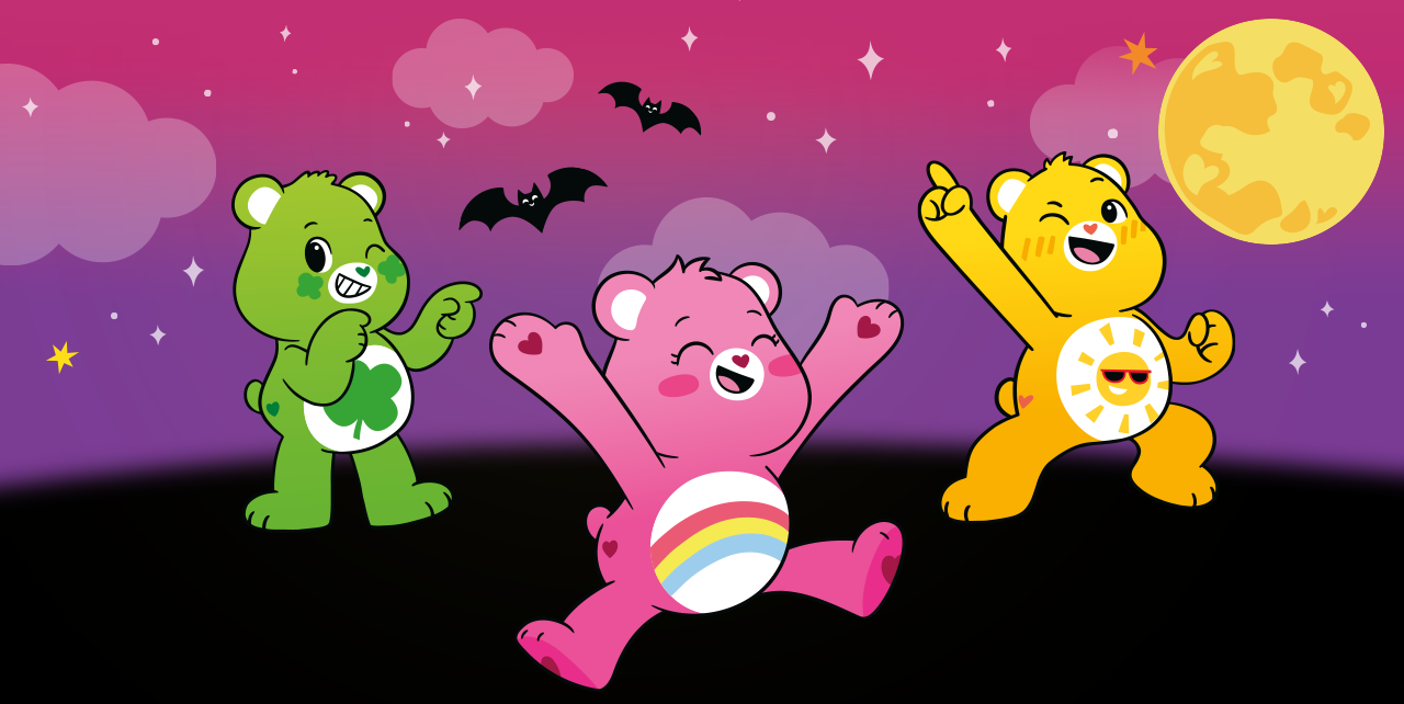 Cartoon Care Bears on a Halloween themed background
