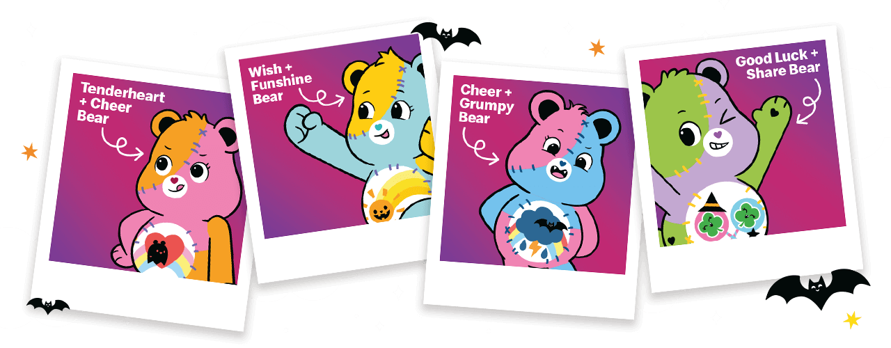 Creepy cartoon Care Bears on Poleroids
