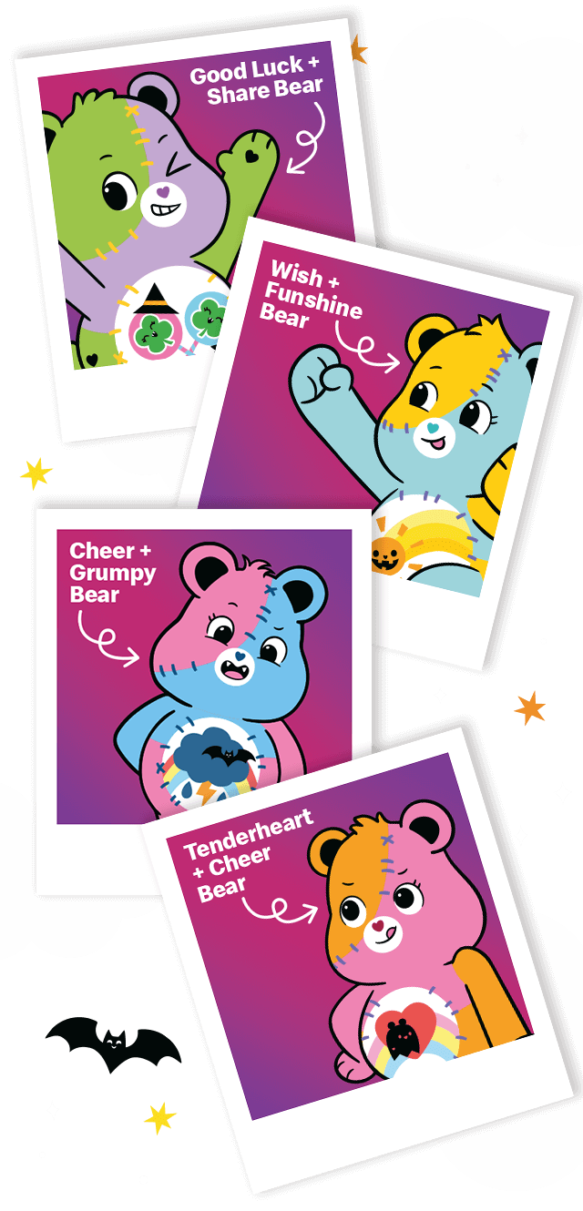 Creepy cartoon Care Bears on Poleroids