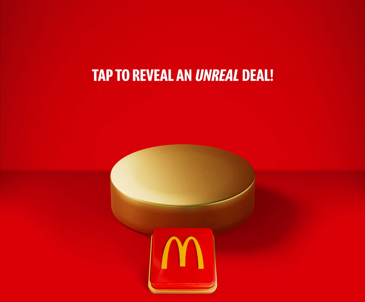 An empty gold plinth sits on a red background with a big red button beneath it. Text reads TAP TO REVEAL AN UNREAL DEAL