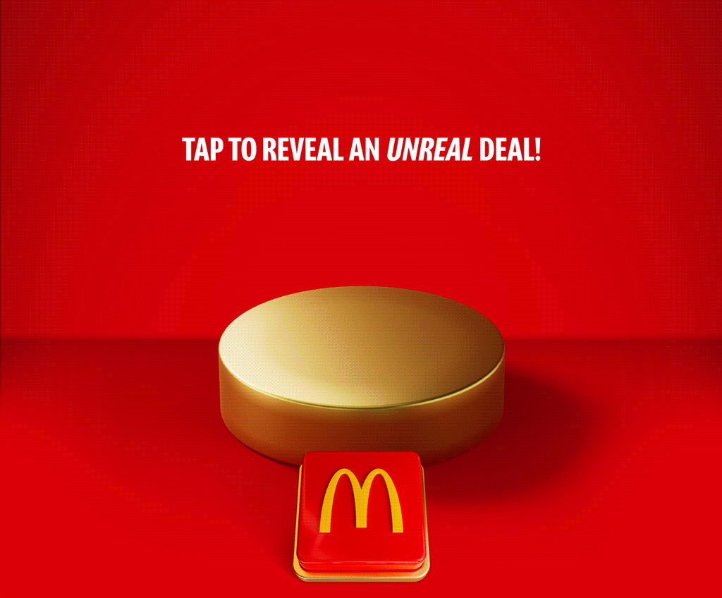  delicious collection of McDonald's food and drink on a gold plinth on a red background. Big white text reads 15% OFF WHEN YOU SPEND £15 ON FOOD AND DRINK