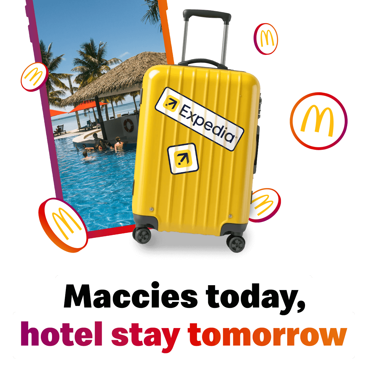 A yellow suitcase with Expedia stickers attached and MyMcDonald's Rewards coins in the backdrop. Large text reads 'Maccies today, hotel stay tomorrow'.